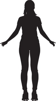 Individual positioned with a shoulder-width stance, knees relaxed, and arms out for stability on the skateboard. Complete silhouette in black illustration. vector