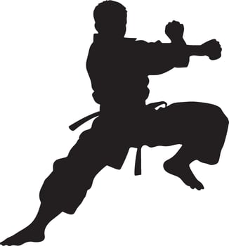 A martial artist executing a kick while performing a full 360-degree spin, with the foot directed toward the target. Full-length silhouette black illustration. vector