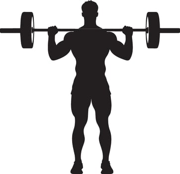 Lifter standing upright, curling the barbell towards their shoulders with elbows held steady. Full silhouette in black design. vector