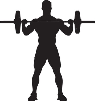 Individual executing a barbell curl, lifting the weight to shoulder height while keeping elbows stationary. Complete silhouette in black illustration. vector