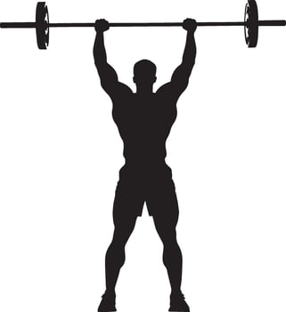 An individual raising a barbell above their head, arms extended, flexing elbows to lower the bar behind. Full-length silhouette black illustration. vector