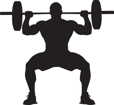 A lifter holding the barbell on the front of the shoulders, elbows high, as they squat down. full length silhouette black illustration vector