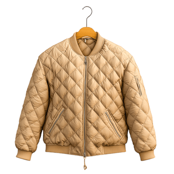 Quilted beige bomber jacket hanging on a wooden hanger png