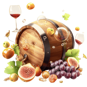 Wooden wine barrel surrounded by grapes figs and two glasses of wine png