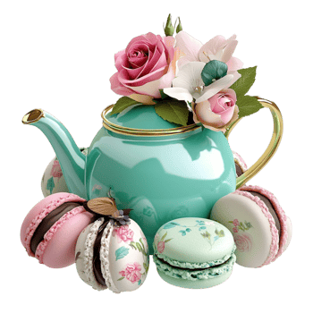Vintage blue teapot flowers surrounded by colorful macarons png