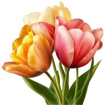Vibrant bouquet of tulips in shades of orange yellow and pink png