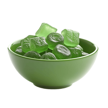 Green candies in a bowl studio close up viewisolated on transparent background png