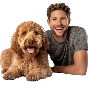 Happy man posing his fluffy brown dog a joyful expression png