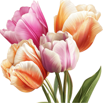 Vibrant bouquet of pink orange and yellow tulips in full bloom green stems png