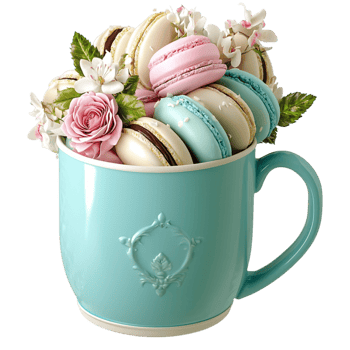 teal mug filled delightful macarons and roses for a luxurious treat png