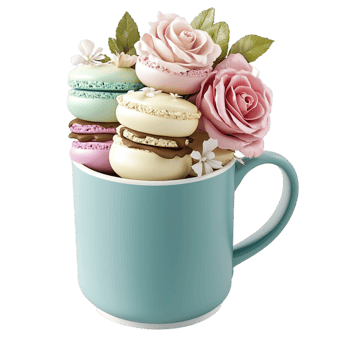 Beautiful teal mug filled delicate roses and colorful macarons in a lovely display png