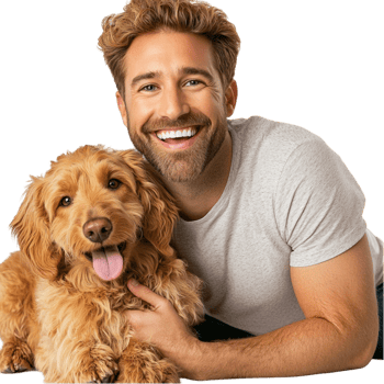 Smiling man holding his fluffy dog joy and companionship png