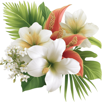 Lush tropical bouquet lilies anthuriums and green foliage png