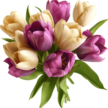Vibrant bouquet of tulips in shades of purple cream and yellow png