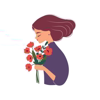 Woman with beautiful bouquet of flowers. Elegant female character with a bouquet of poppies in her hand. Card for congratulations on women's day. Flat illustration on white background vector