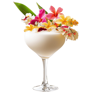 Exotic tropical cocktail served in a glass garnished vibrant flowers png