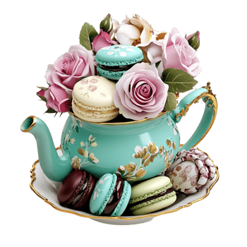 Vintage tea pot adorned roses and macarons in pastel colors png