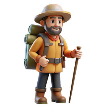 extraordinary creative Explorer with Backpack and Hiking Stick Transparent Background 4K png