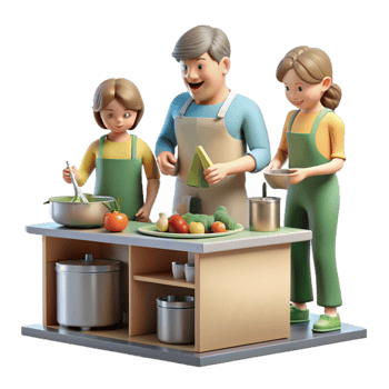 magnificent creative Family Cooking Together Kitchen Scene Transparent Background detailed png