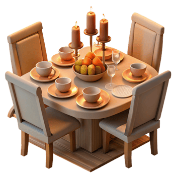elegant artistic Family Dinner Table Setting Warm Lighting Isolated 4K png
