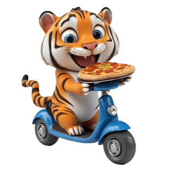 Smiling Cartoon Tiger on a Scooter Holding Pizza png