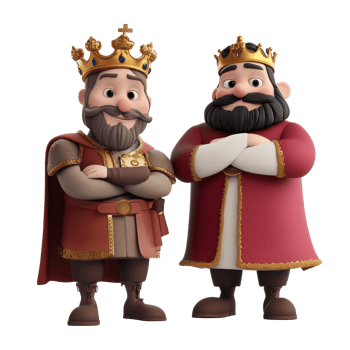 Cartoon kings with crowns standing confidently on transparent background, 3D Cartoon Kings Characters on transparent background png