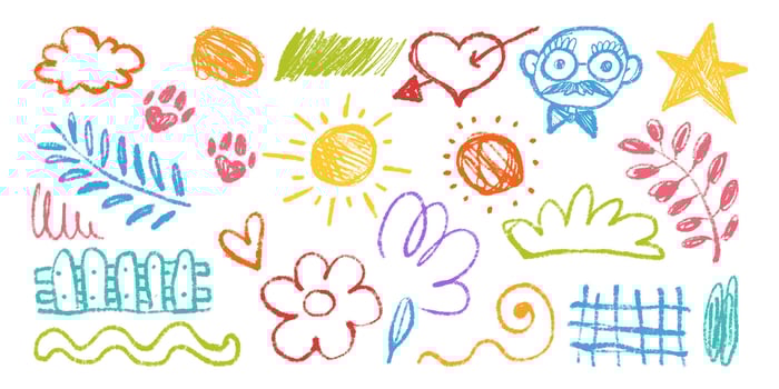 Collection of Funny Naive Multicolored Doodles Hand Drawn with Pencil and Charcoal. Colorful scribbles with happy vibes and grunge texture. Banner with random wobbly shapes vector