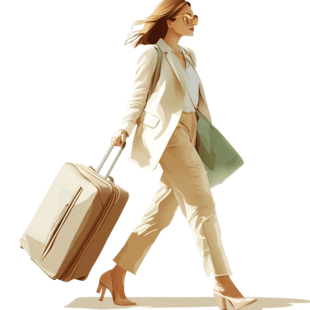 Fashionable woman traveling with a suitcase on a sunny day in a stylish outfit, file no background Fashionable woman traveling and pulling a trolley bag png