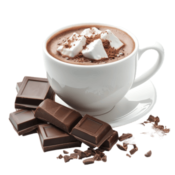 Indulge in a rich hot chocolate topped with marshmallows and surrounded by dark chocolate, perfect for any cozy day, Delicious hot chocolate on transparent background png