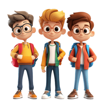 Cute cartoon student boys posing together after school in colorful outfits with backpacks, 3D Cartoon Character Group Cute Student Boys, Isolated transparent background png