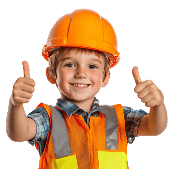 Cheerful child construction worker giving thumbs up in bright orange safety gear and helmet, Cheerful Kid Construction Worker Giving Thumbs Up on transparent background png