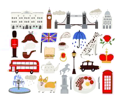 A charming collection of illustrated British symbols, cultural icons, and traditional elements. Ideal flat illustration for travel-themed designs, educational materials vector