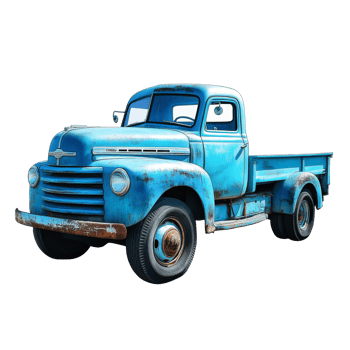 A vintage blue truck rests in isolation against a bright transparent background during daylight hours, blue truck isolated png
