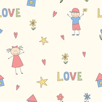 cartoon simple baby seamless pattern with little kids, flowers, hearts and stars on white background in naive doodle style vector