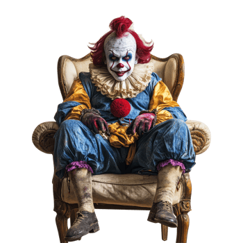 Scary clown sitting on a vintage chair against a transparent background, evoking a sense of unease and dread, Scary Clown Sitting on Chair Isolated on transparent background png