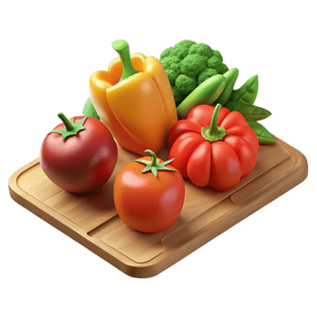 beautiful minimalist Fresh Vegetables Variety on Cutting Board Transparent Background authentic png