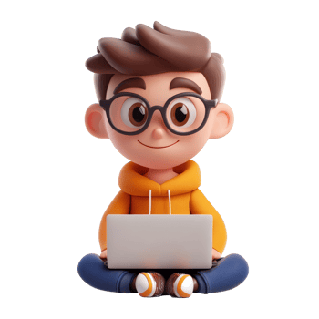 A cute cartoon character with glasses using a laptop while sitting on the floor, 3D Cartoon Character with Laptop Cute Guy Avatar Isolated on transparent background png