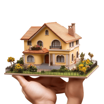 A hand gently holding a detailed model house showcasing its charming architecture and landscaping features, file no background Hand holding a model house png