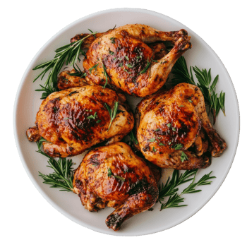 Deliciously roasted chickens garnished with herbs on a clean transparent background, perfect for meals and gatherings, Roasted Chickens on transparent background png