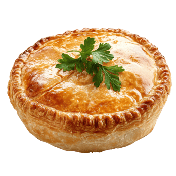 Delicious fresh meat pie garnished with parsley on a clean transparent background, Fresh tasty meat pie on a transparent background png