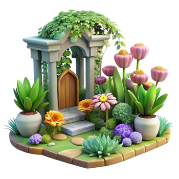 elegant modern Garden Scene with Flowers and Plants Transparent Background Cutout high quality png
