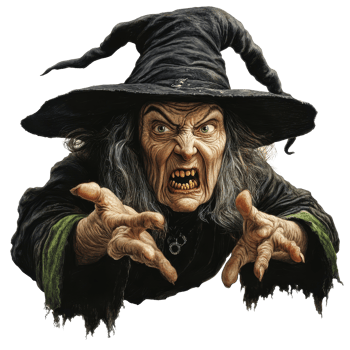 A frightened witch reaching out with a menacing expression against a stark transparent background, Scared Witch on transparent background png