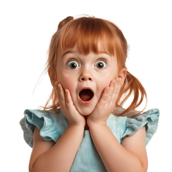 Surprised and joyful girl expressing excitement with wide eyes and open mouth in a playful setting, surprised joyful girl kid, file of isolated object on transparent background png