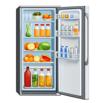 Transparent fridge displaying a variety of fresh fruits, juices, and beverages in an organized manner, Illustration of a dragon on transparent background png