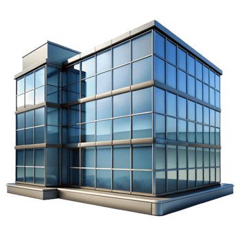 elegant traditional Glass Office Building Reflection Front View Transparent Background premium png
