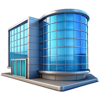 dramatic minimalist Glass Office Building with Blue Sky Reflection Front View Transparent Background original png