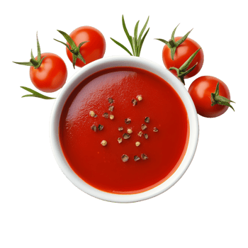 Fresh tomato sauce in a transparent bowl with ripe tomatoes and herbs on a pristine transparent background, tomato sauce isolated on transparent background png