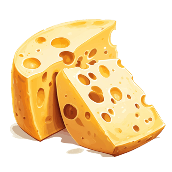 Illustration of yellow cheese wedge and slice on a transparent background showcasing texture and detail, illustration of cheese isolated on transparent background png