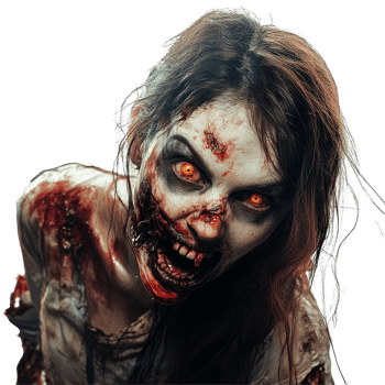 A terrifying female zombie with glowing eyes and decayed features poses against a stark transparent background, Terrifying Female Zombie on transparent background png