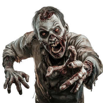 Scary zombie with tattered clothing reaching out against a stark transparent background, Scary Zombie isolates on transparent background png